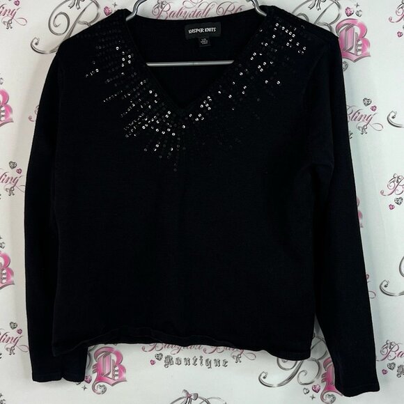 Kasper Knits sweater sparkly embroidered sequins Black Top with Silver Sequins - Picture 1 of 9
